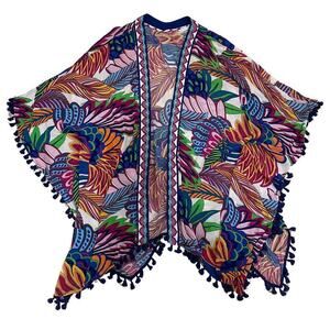 Trina Turk Paradise Plume Kimono Cover-Up OS | Tropical Tassel Trim, Bold Print